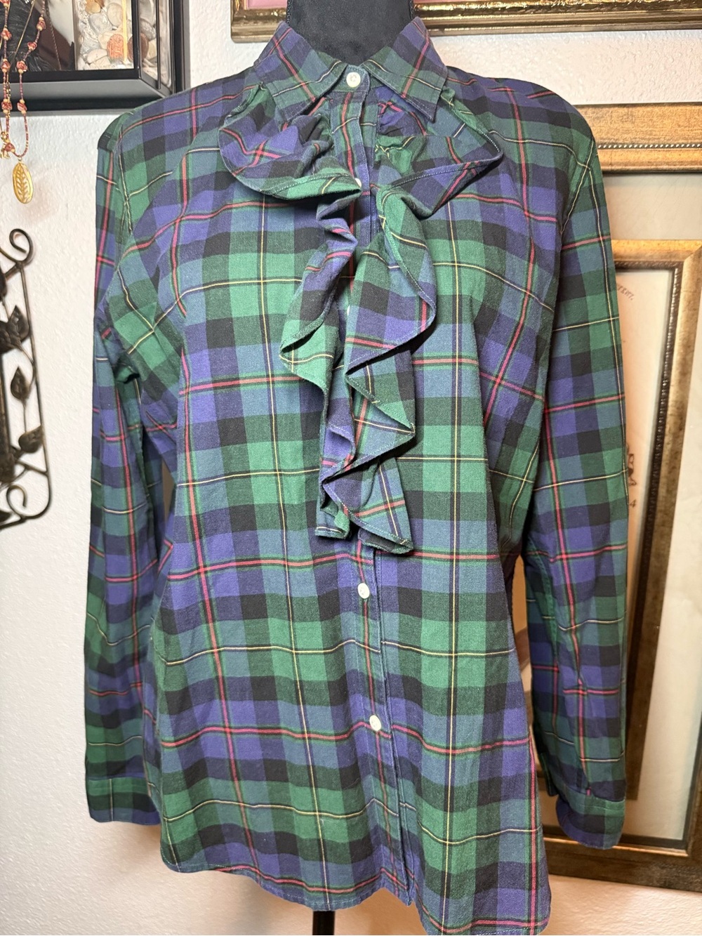 American Living Plaid Tuxedo Ruffle Long Sleeve Button Up Shirt •Size L•